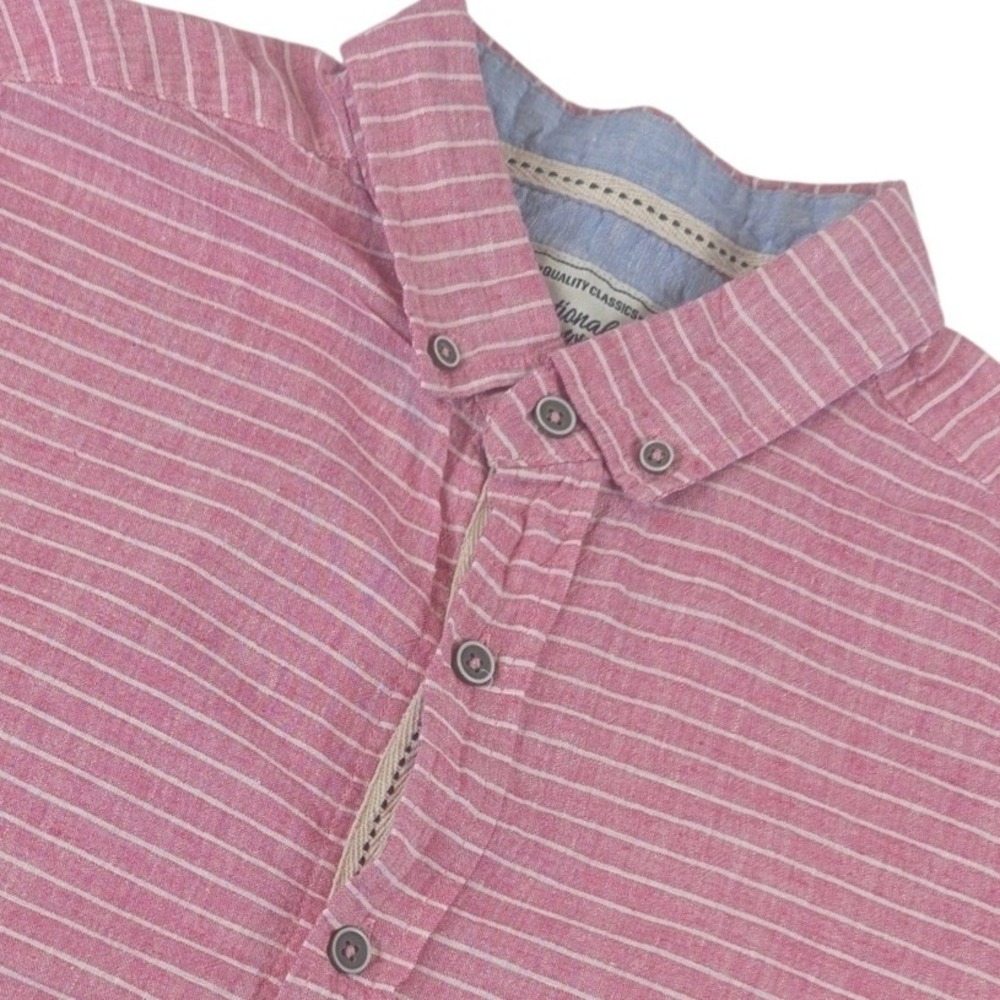 International Report Mens XL Pink White Striped Linen Blend Short‎ Sleeve Shirt